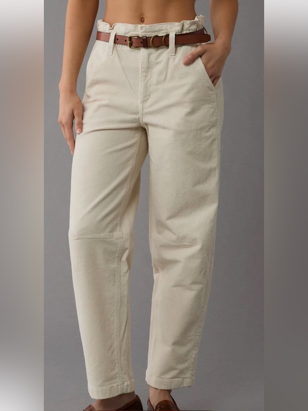Ae 6 Long Pants Stretch Super High-Waisted Corduroy Paper Bag Barrel in Ivory